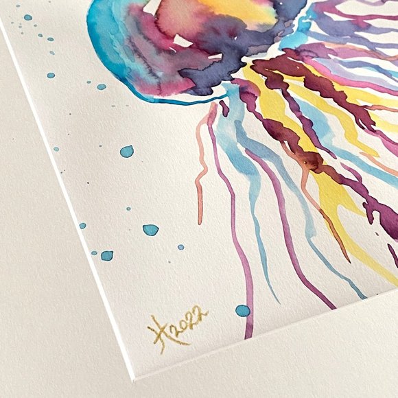 Colorful Jelly 2 -Original Wall Art Watercolor Painting Matted Frame Ready 11x14 - Picture 4 of 6